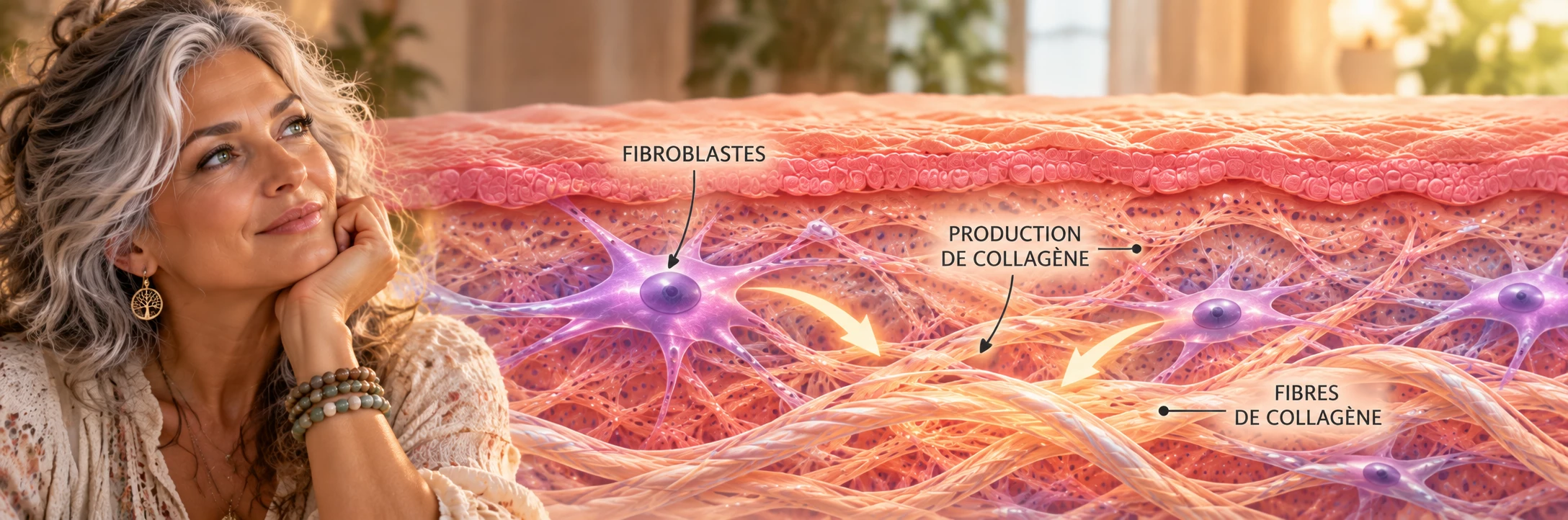 Illustration des fibroblastes participant à la production de collagène dans la peau