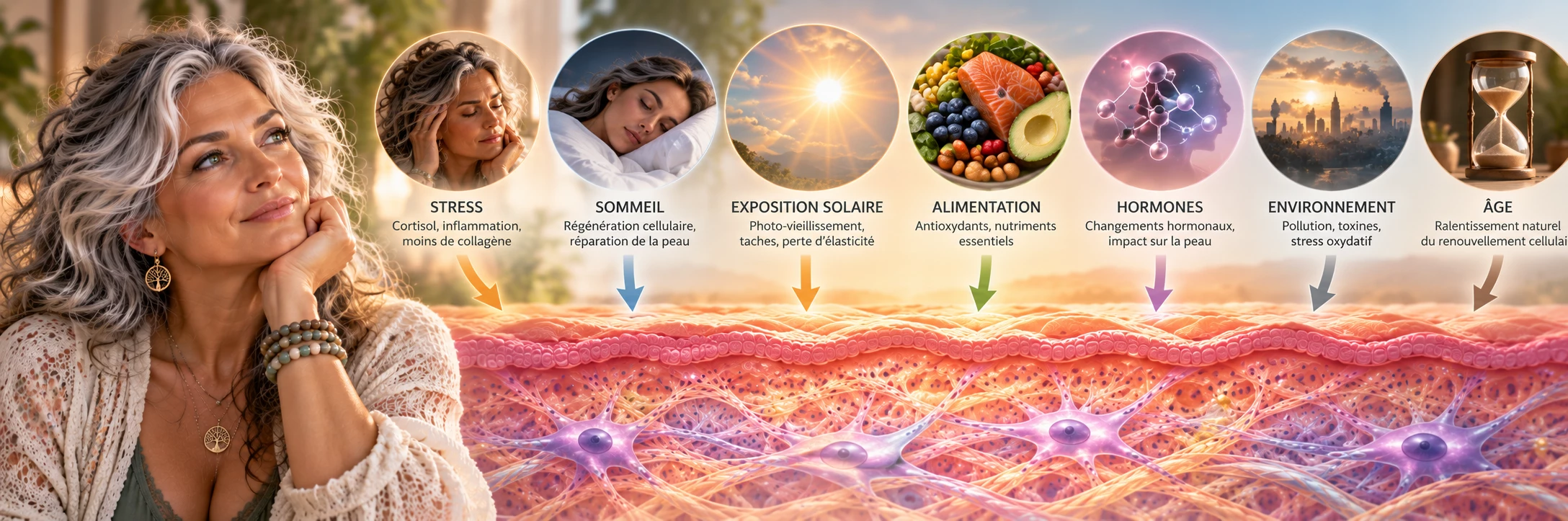 Illustration des principaux facteurs pouvant influencer le vieillissement cutané, notamment le stress, le sommeil et l’exposition solaire