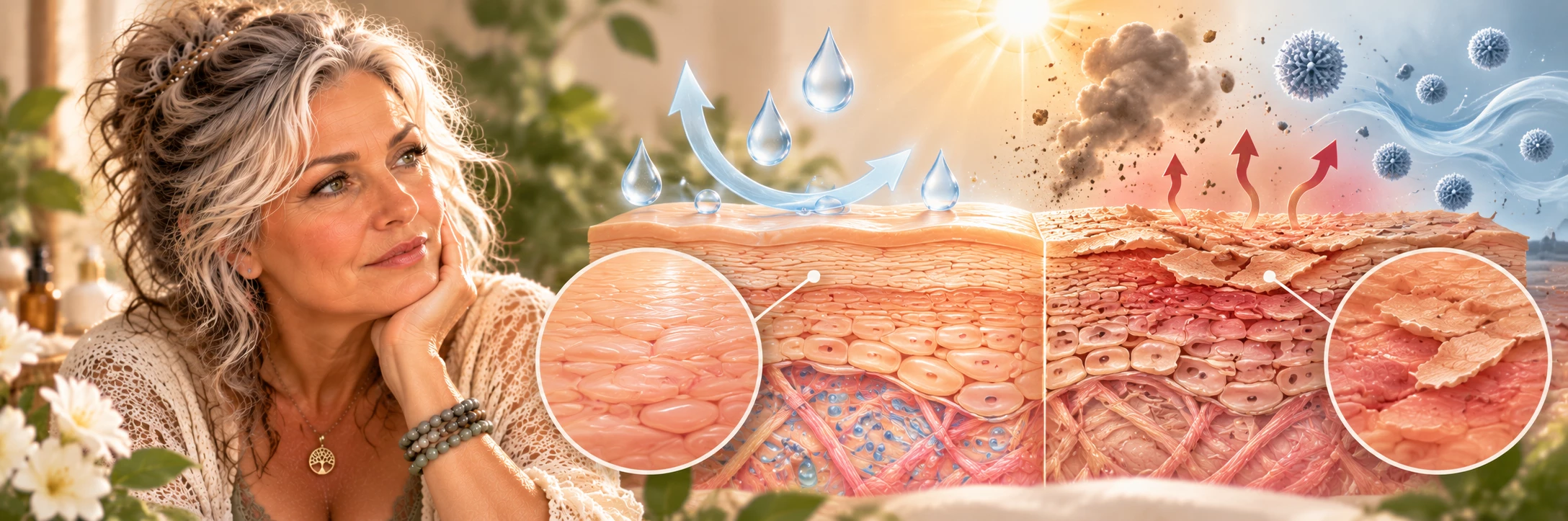 Illustration of the skin barrier showing its role in water retention and skin protection