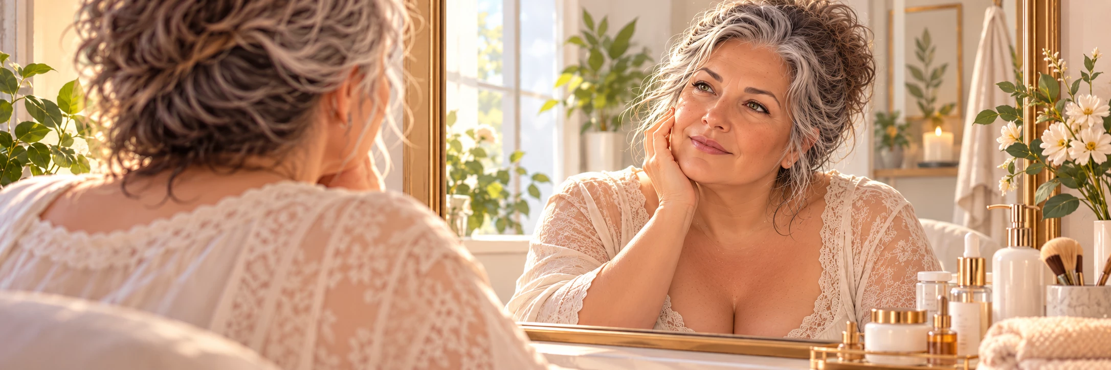 Saphyia, femme de 55 ans aux formes rondes et pulpeuses, cheveux poivre et sel, peau légèrement vieillie avec quelques taches légères, observant son reflet dans un miroir avec une expression douce et réfléchie, ambiance élégante et naturelle, lumière douce du matin.