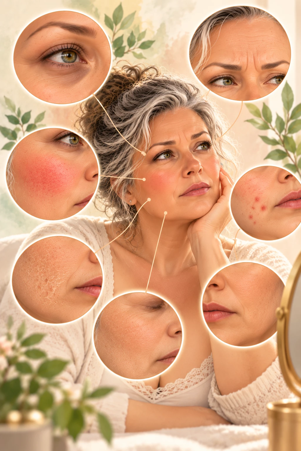 Illustration verticale élégante présentant plusieurs manifestations possibles d’une peau affectée par une période de stress: teint terne, rougeurs, sécheresse, imperfections et traits fatigués.
