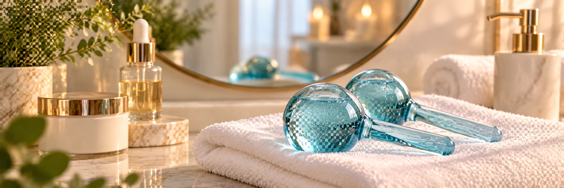 Deux globes de massage facial froids posés sur une serviette blanche près d’un miroir, ambiance spa domestique élégante et minimaliste.