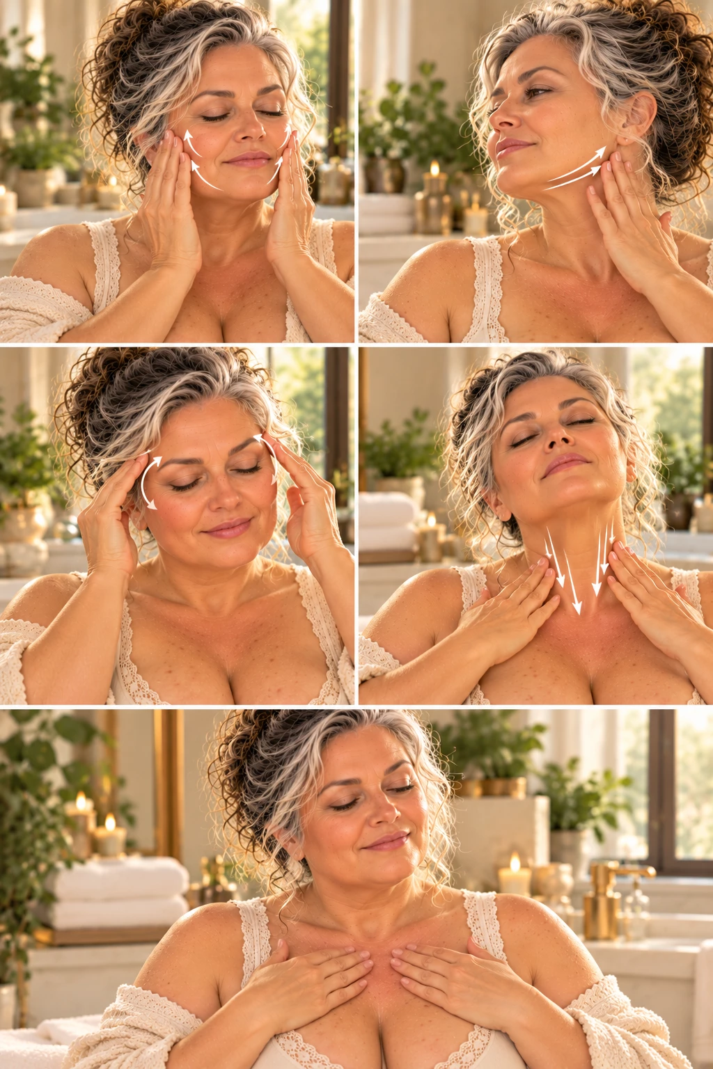Illustration verticale montrant les principaux mouvements doux d’un massage facial: joues, mâchoire, tempes et cou, dans un style esthétique et pédagogique.