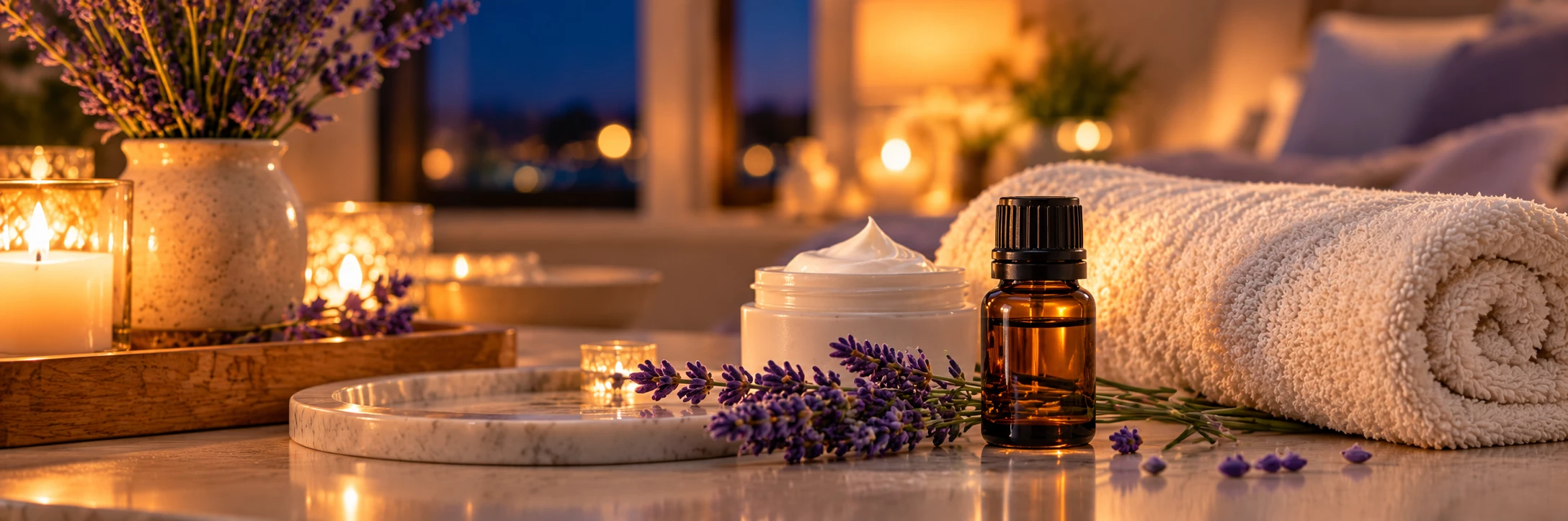 Petit flacon d’huile essentielle de lavande posé à côté d’une serviette et d’un soin facial, ambiance nocturne douce et élégante, sans marque visible.