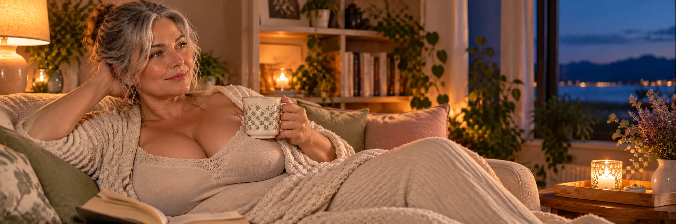 Saphyia, 55 ans, ronde et pulpeuse, cheveux poivre et sel, confortablement installée le soir avec une tasse de boisson chaude non alcoolisée, visage détendu, ambiance chaleureuse et apaisante.