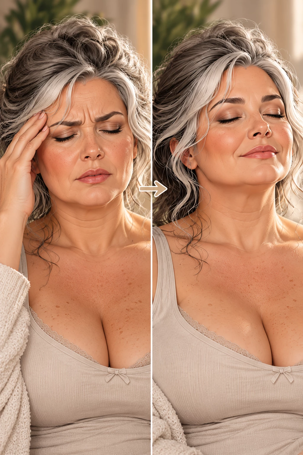 Close-up portrait of Saphyia, 55, with salt-and-pepper hair and a naturally mature, slightly lined face, her expression gradually shifting from tension to relaxation.