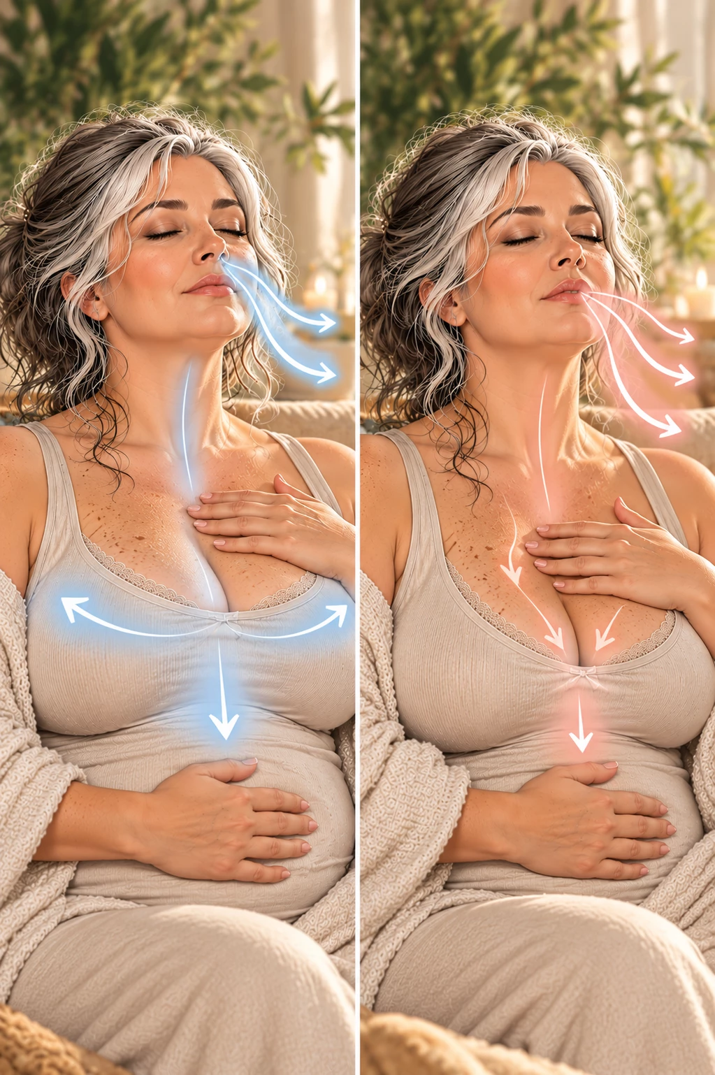 Vertical educational illustration showing slow breathing with a shorter inhalation and a longer exhalation, in a soft and elegant style.