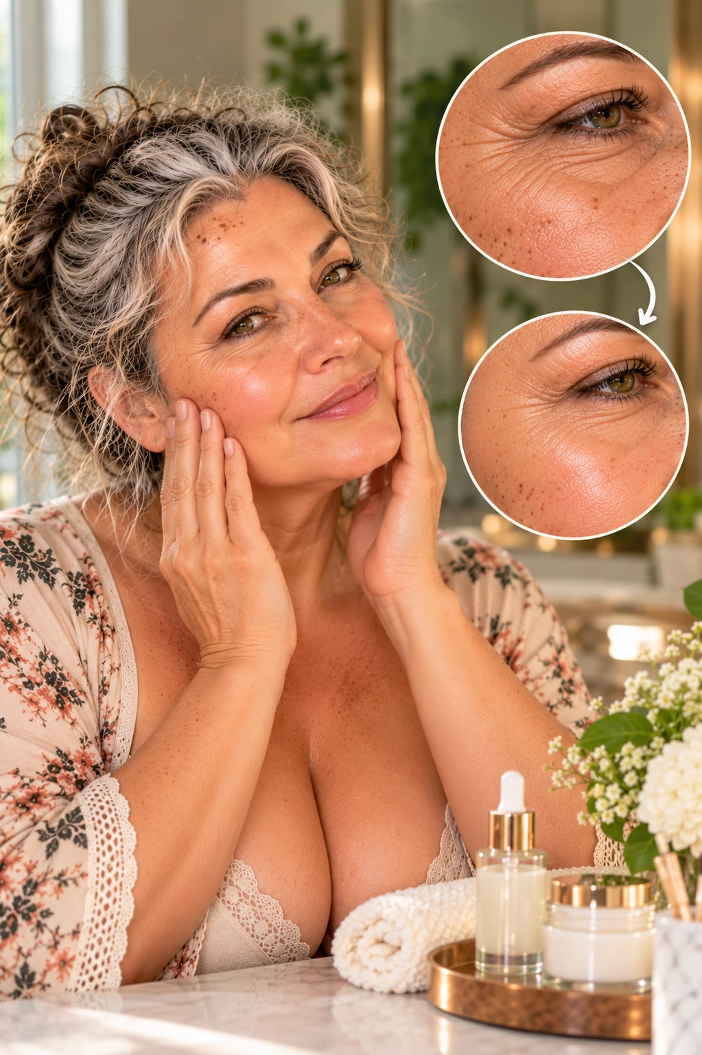 Mature woman’s face showing softer, more radiant and visibly hydrated skin after using a hyaluronic acid skincare product, natural and realistic appearance.