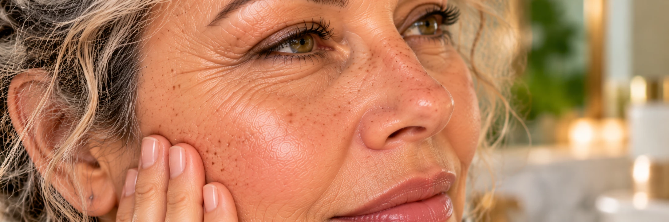 Aesthetic close-up of slightly dehydrated mature skin showing fine dehydration lines, natural luminous texture and a realistic appearance without an artificial effect.