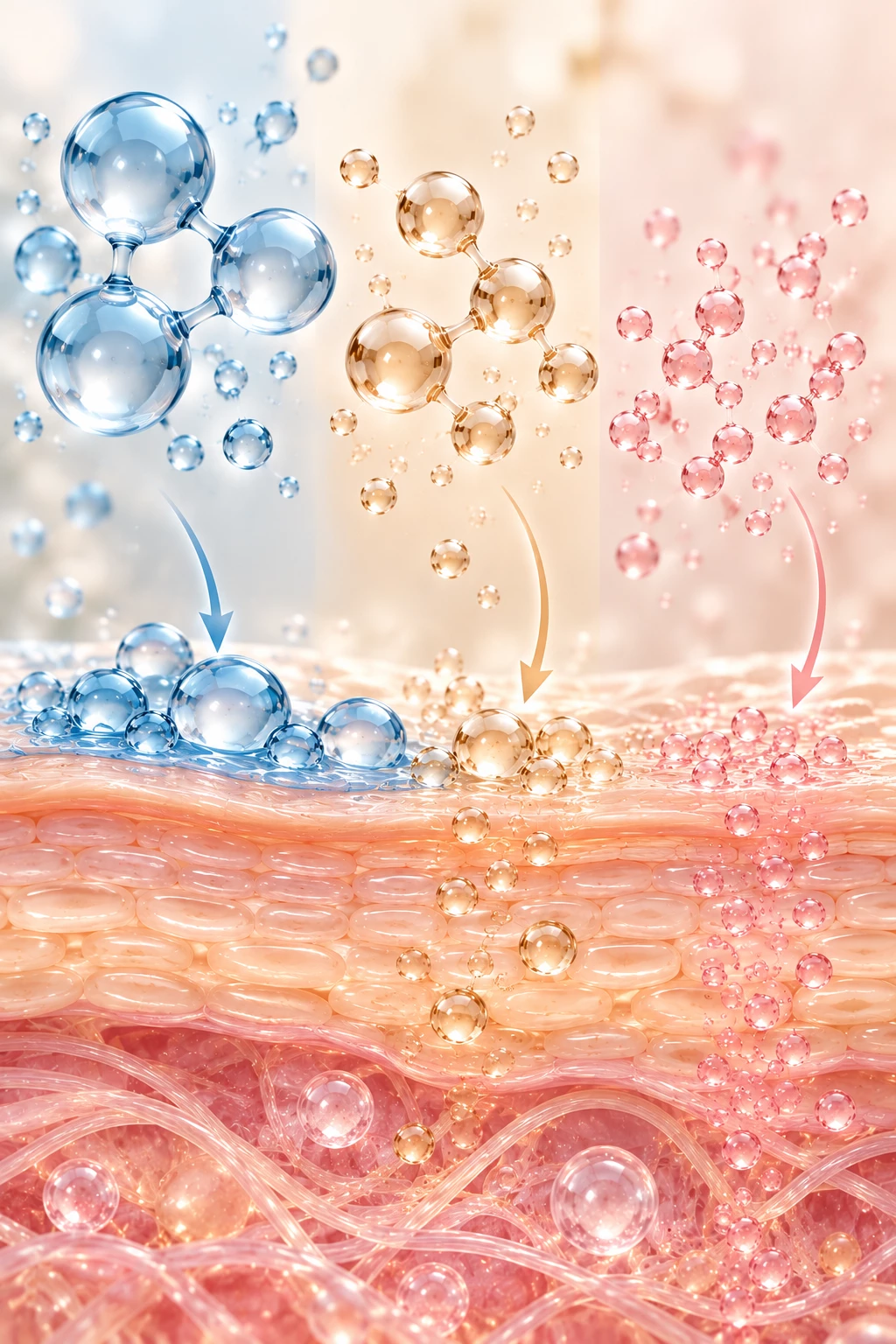 Elegant vertical illustration explaining the differences between high-, medium- and low-molecular-weight hyaluronic acid, with a schematic representation of molecules of different sizes around the superficial layers of the skin.