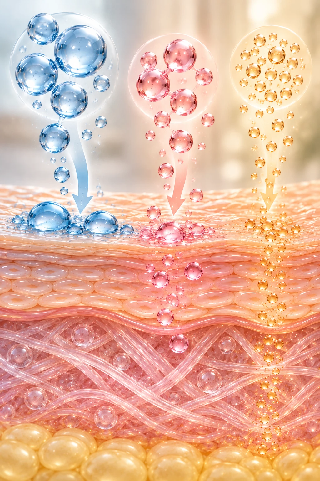 Illustration verticale montrant différentes tailles de molécules d’acide hyaluronique interagissant avec les différentes couches superficielles de la peau, style scientifique élégant et accessible.