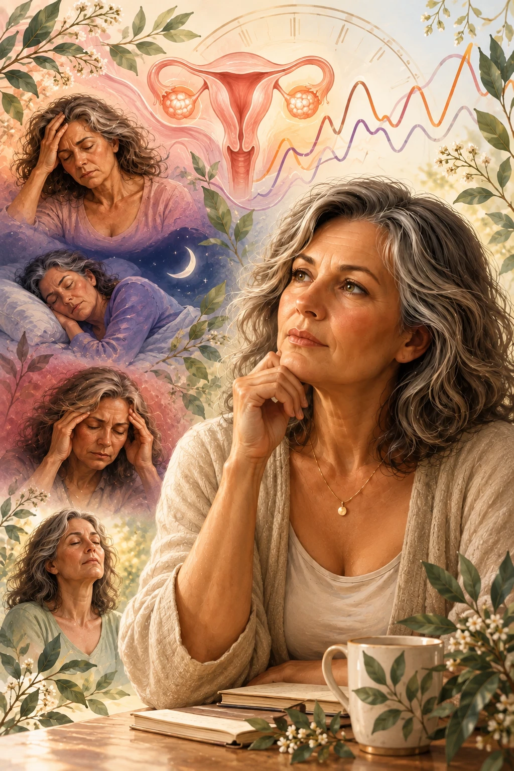 Illustration de la transition hormonale pendant la périménopause, avec fluctuations des hormones ovariennes