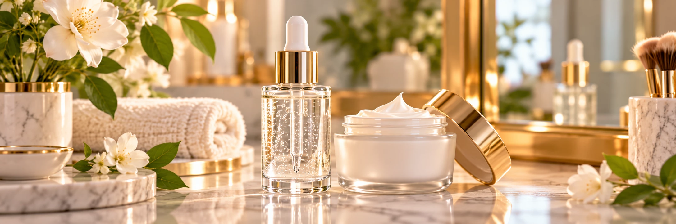 Aesthetic close-up showing a hyaluronic acid serum and a ceramide moisturizer arranged together on an elegant vanity, with a refined skincare atmosphere.