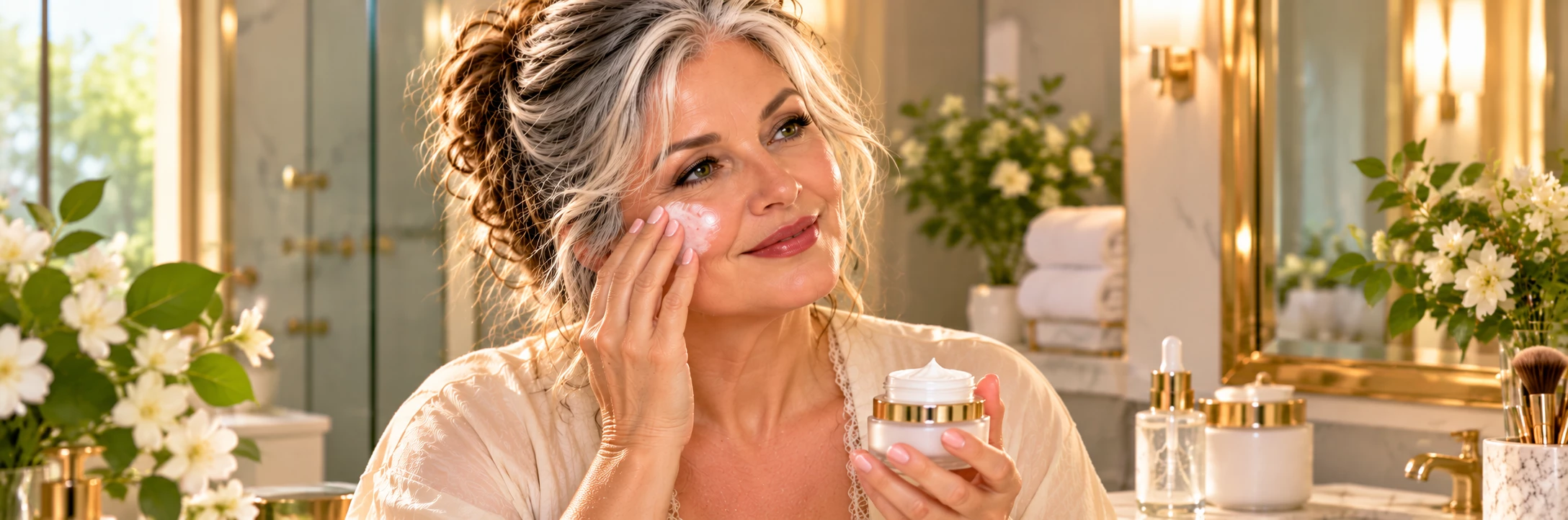 Saphyia, 55, with a round and curvy figure, salt-and-pepper hair and mature, slightly marked skin, applying a ceramide-rich cream after her hydrating serum, in a warm and elegant setting.