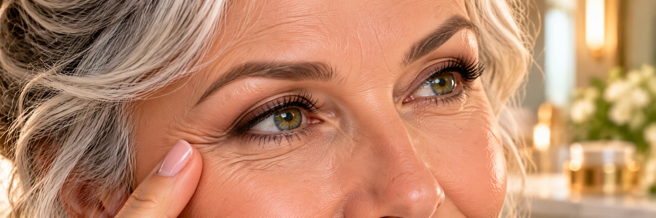Gros plan naturel du contour des yeux d’une femme mature montrant une peau délicate avec de fines ridules de déshydratation, rendu réaliste et élégant.