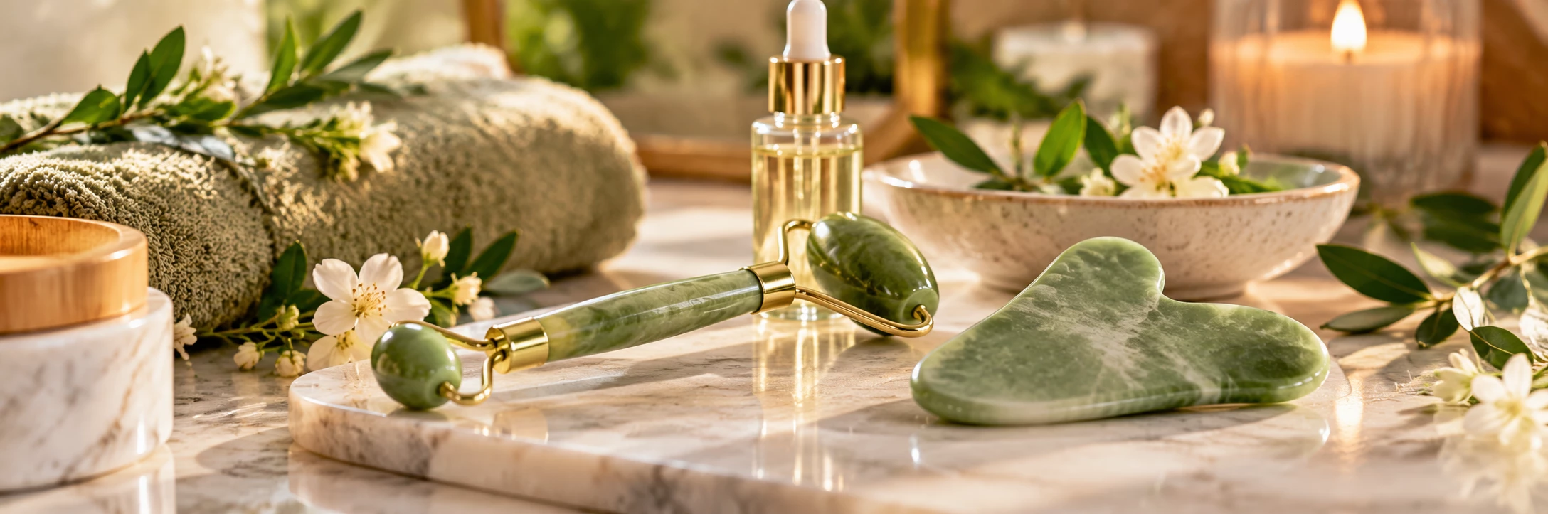 Gros plan élégant d'un rouleau de jade et d'un Gua Sha posés sur une surface de soin, avec un sérum et quelques éléments naturels en arrière-plan, ambiance spa raffinée.