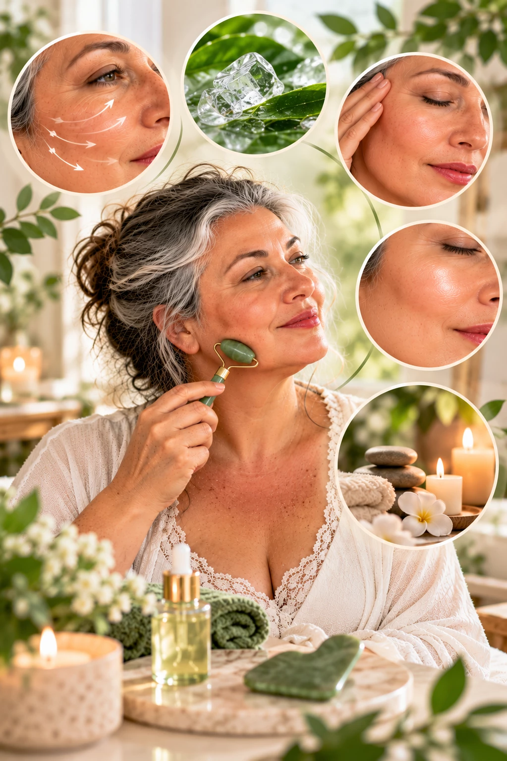 Elegant vertical illustration presenting several realistic benefits of facial massage: reduced facial puffiness, a cooling sensation, muscle relaxation, a more radiant complexion and a moment of relaxation.