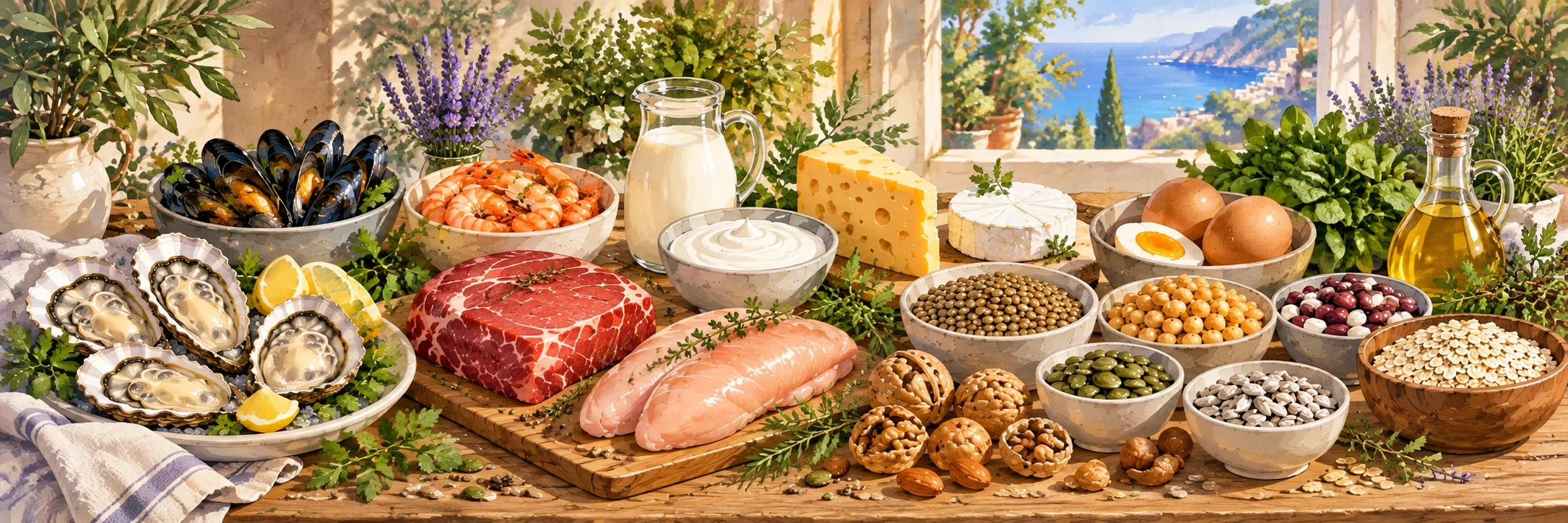 Foods rich in zinc including seafood, meat, eggs, nuts and seeds