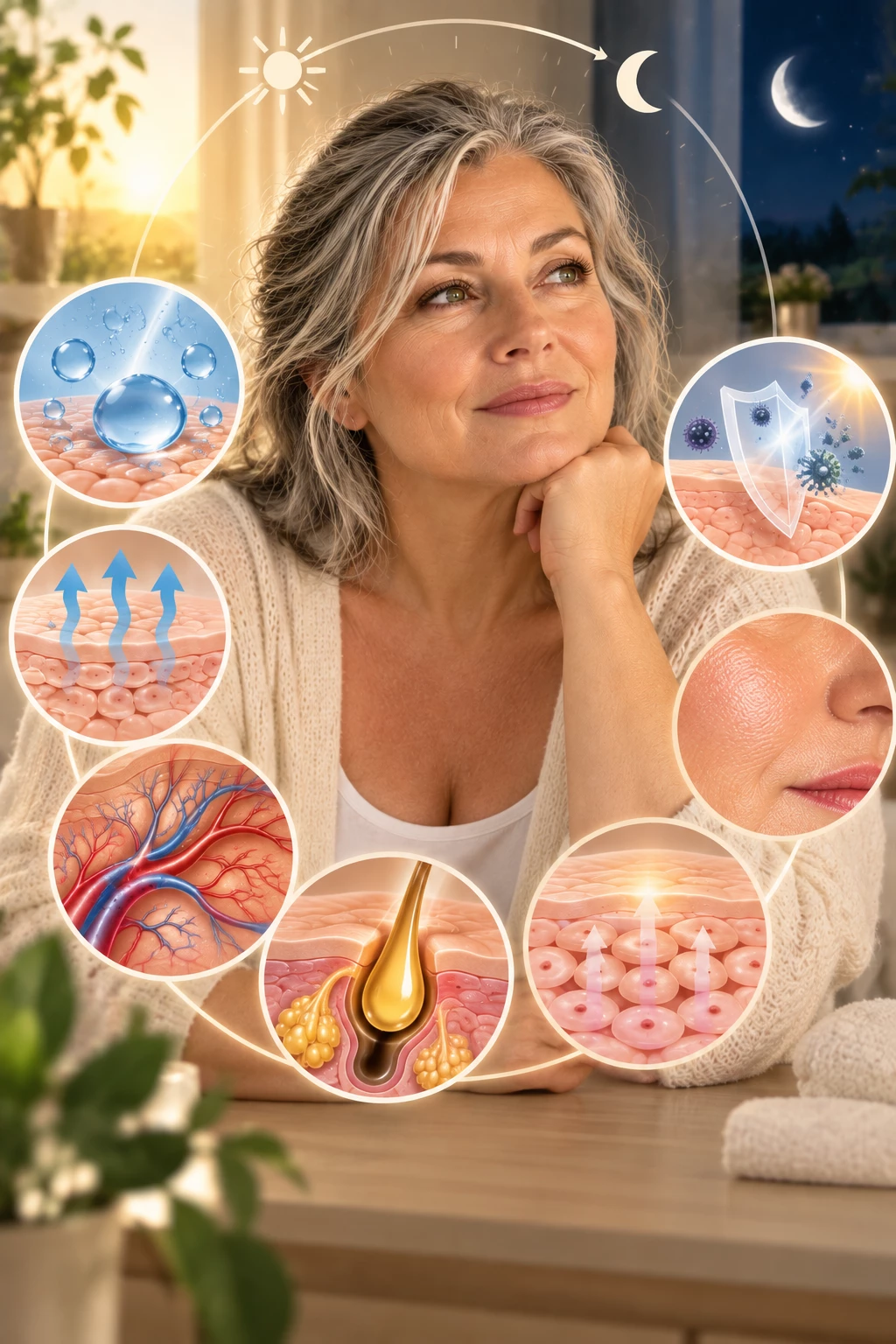 Illustration of the skin’s biological clock showing the circadian rhythms of the skin