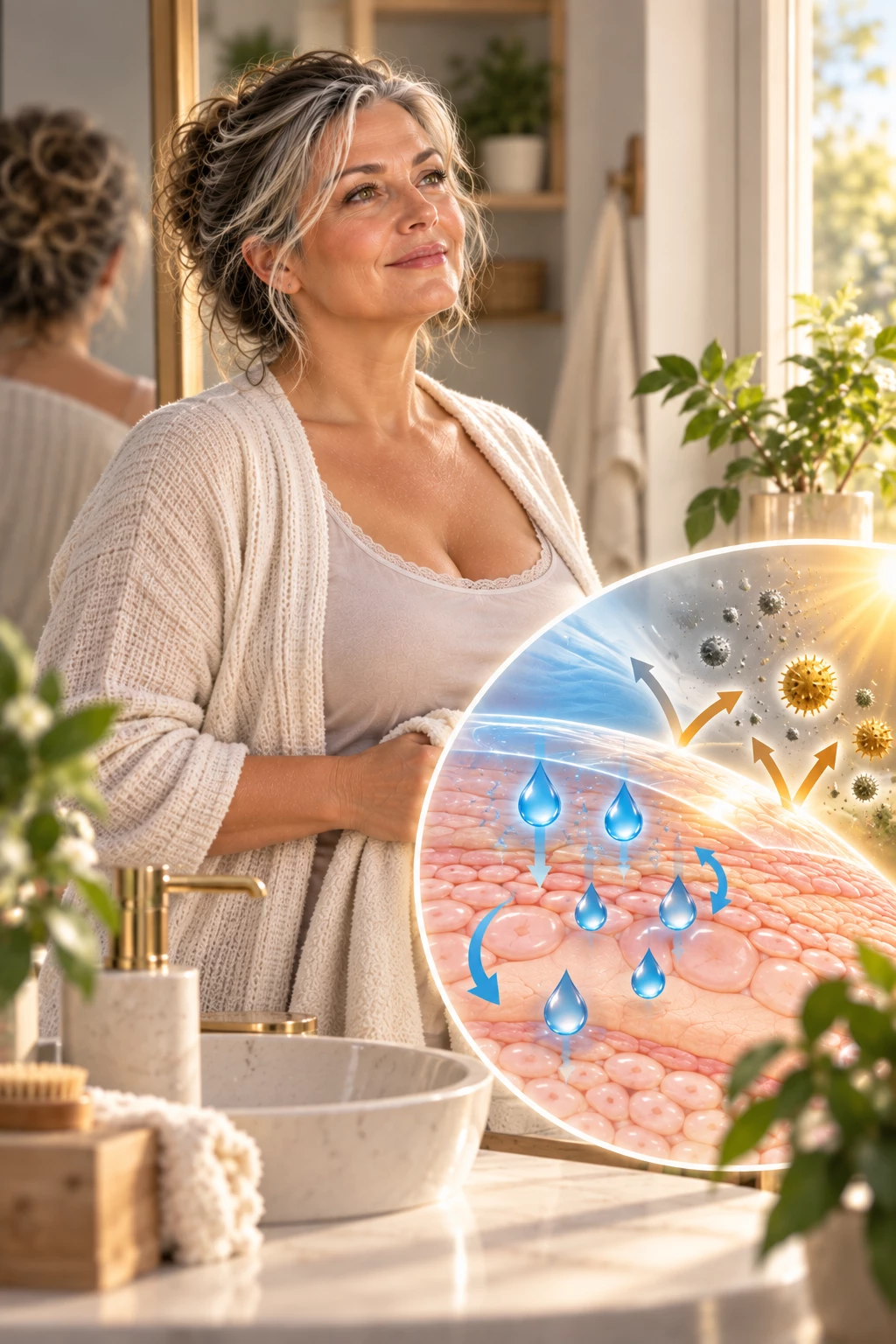 Illustration of the skin barrier and transepidermal water loss throughout the day