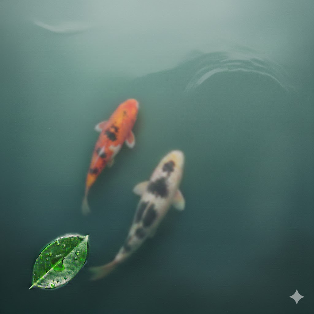 Vue de dessus d'une eau zen émeraude avec deux carpes koi nageant en profondeur et une feuille verte flottante. | Top-down view of zen emerald water with two koi fish swimming deep and a floating green leaf.
