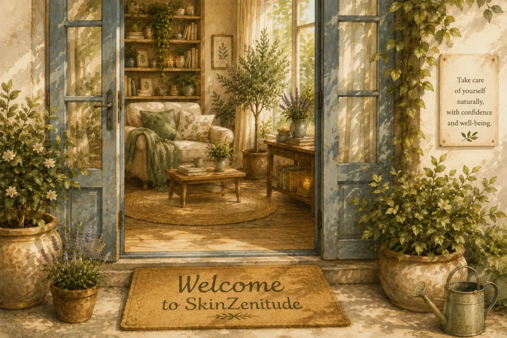 Welcoming entrance to the SkinZenitude home inviting visitors to discover natural skincare.